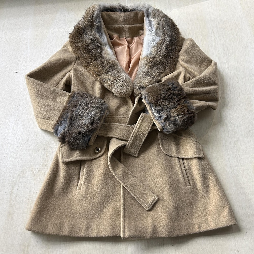 Vintage Wool Fur Trim Coat Womens Medium Beige Belted Lined Overcoat Collared